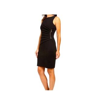 Ivanka Trump Black Ponte Sunburst Side Pleat Sheath Dress w/Gold Faux Zipper 14